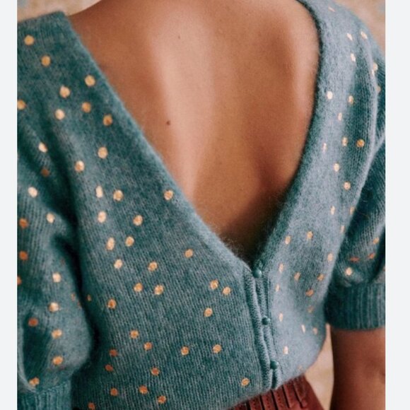NWT Sezane Dolly Cardigan Blue/Gold Sweater Kid mohair French Casual - Picture 2 of 8